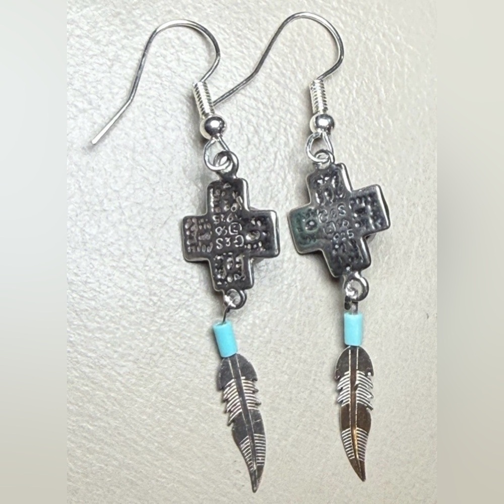 Vtg 925 Sterling Silver Southwestern Turquoise Feather Dangle Earrings by G&S - Picture 6 of 7